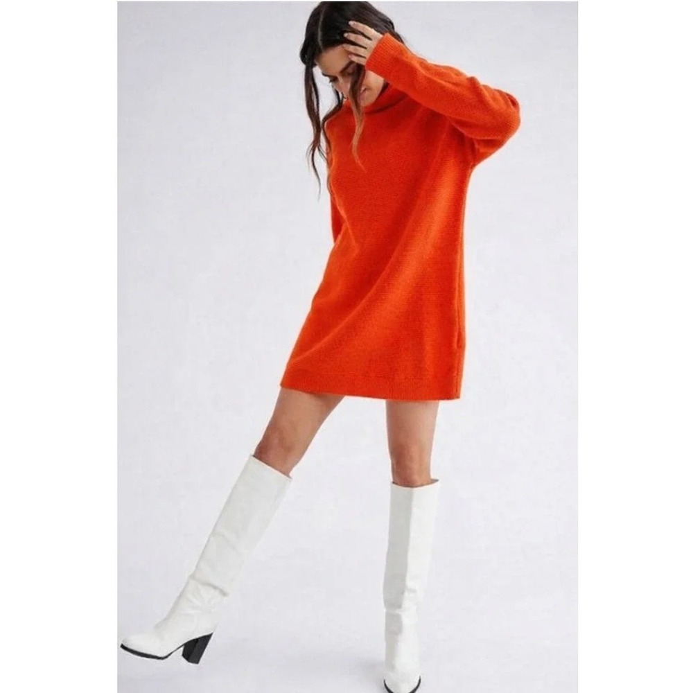 Free People Ottoman Ribbed Tunic Sweater Women XS Orange Mock Neck Long Sleeve